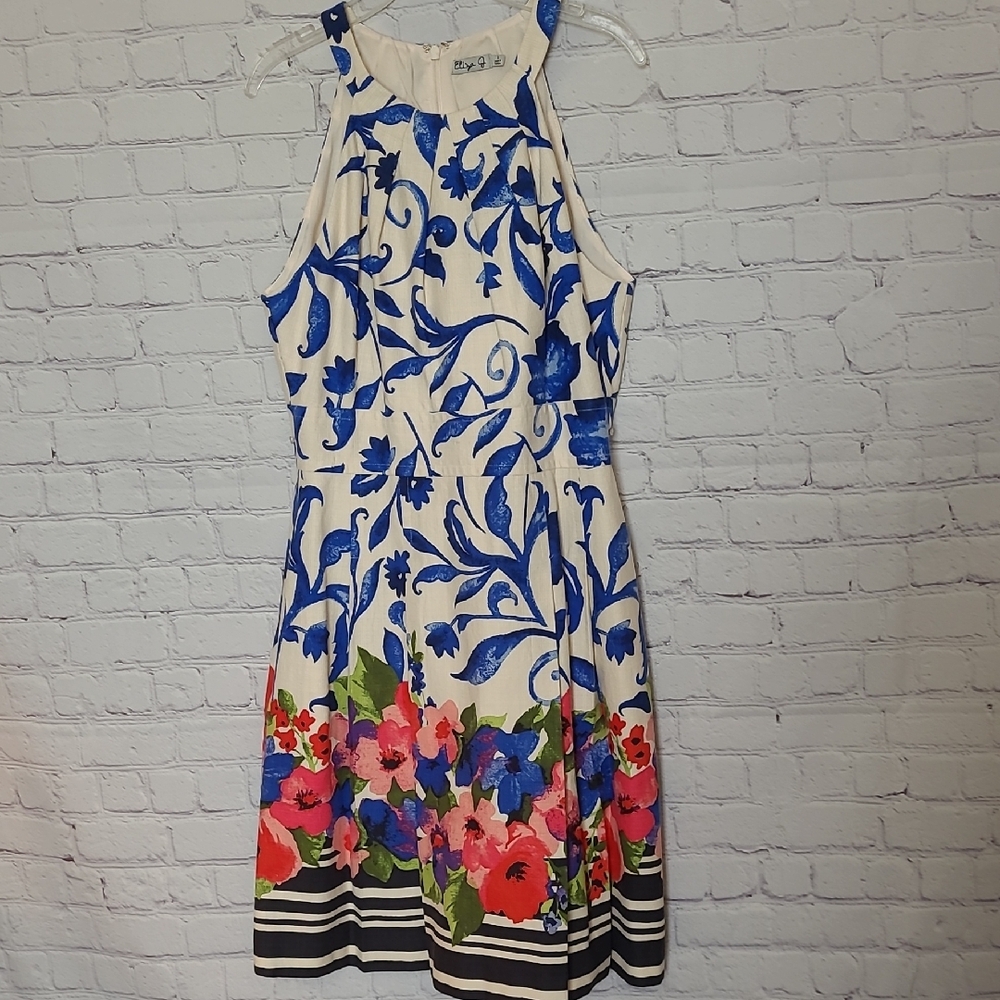 Eliza J Size 8 Blue Cream Floral Fit & Flare Midi Dress